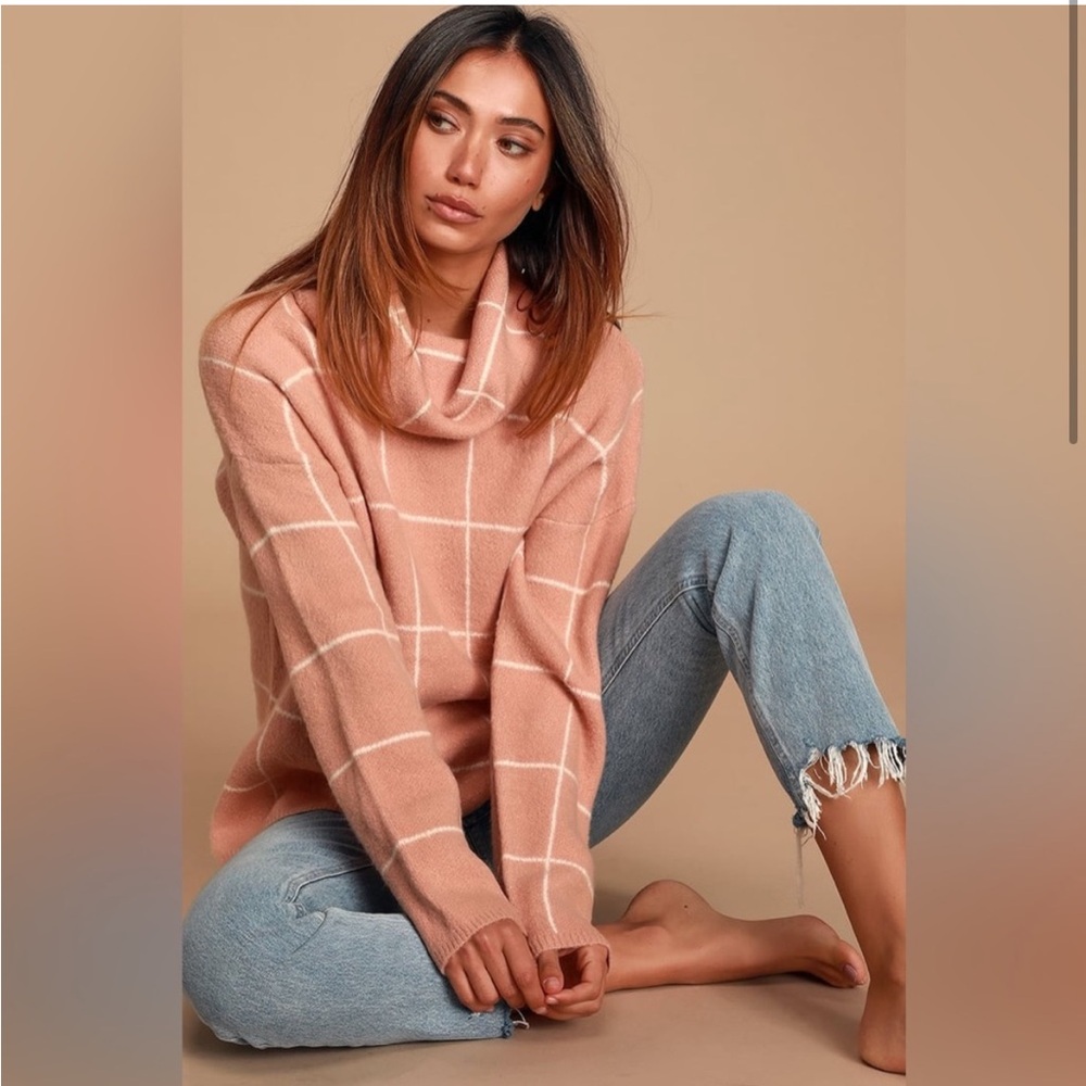 Lulu's Emira Blush Pink & White Cowl Neck Knit Sweater